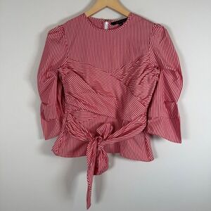 Walter Baker Striped Puff Sleeve Tie Front Waist Top Blouse Shirt XS 100% Cotton